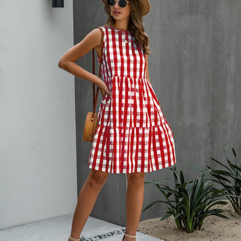 Women Crew Neck Sleeveless Plaid Pockets Print A-line Ruffled Midi Dress